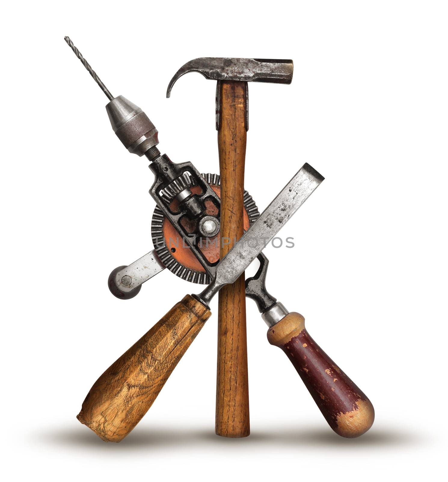 Realistic DIY old carpenter hand tools crossed for get the job done service concept, isolated on white background