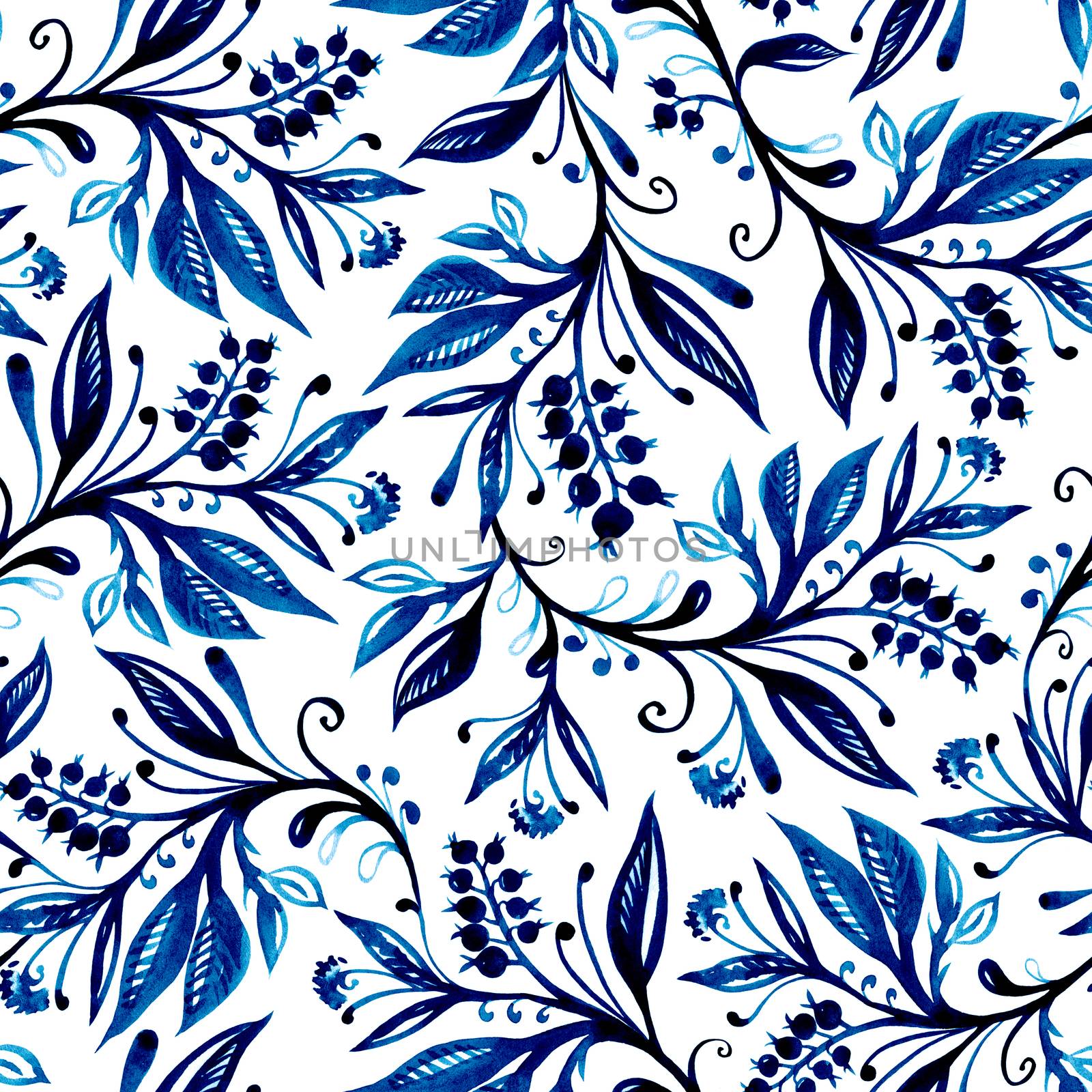 Floral watercolor seamless pattern in blue colors on white by LanaLeta