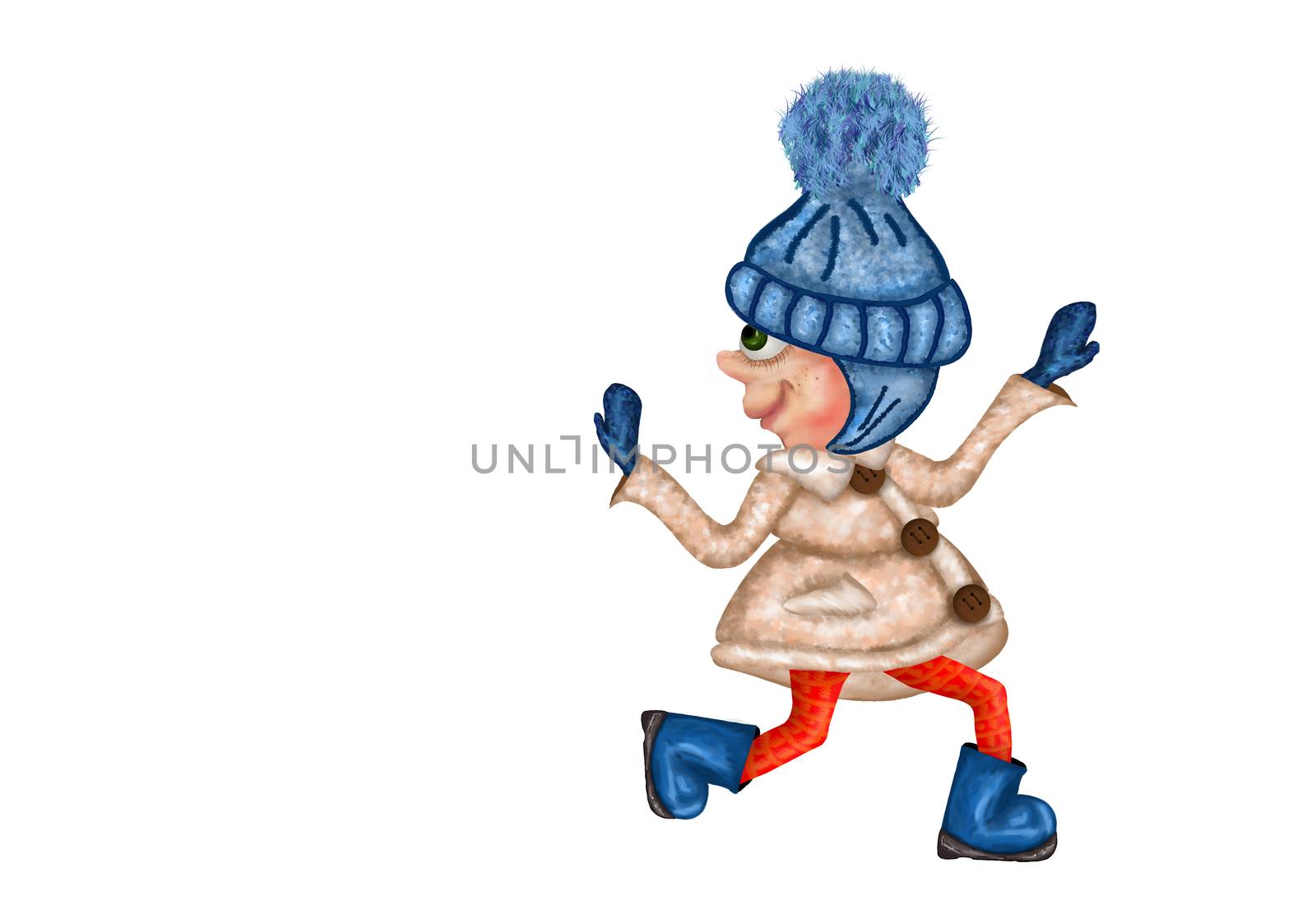 Cute little girl waving in warm hat, mitten, coat and shoes. Winter season time outdoors. Happy Christmas and New year. Cold Day Outside. Stock illustration