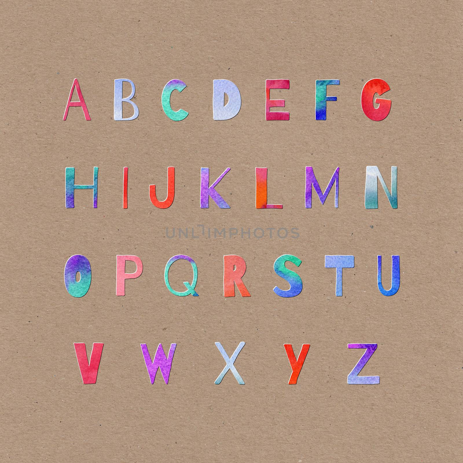 Hand painted watercolor alphabet letters in violet, blue and pink colors. Сollage of paper-cut abc elements on craft paper. Artistic lettering set perfect for print, poster.