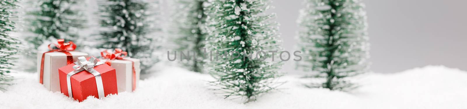 Christmas gifts in fir tree forest under snow