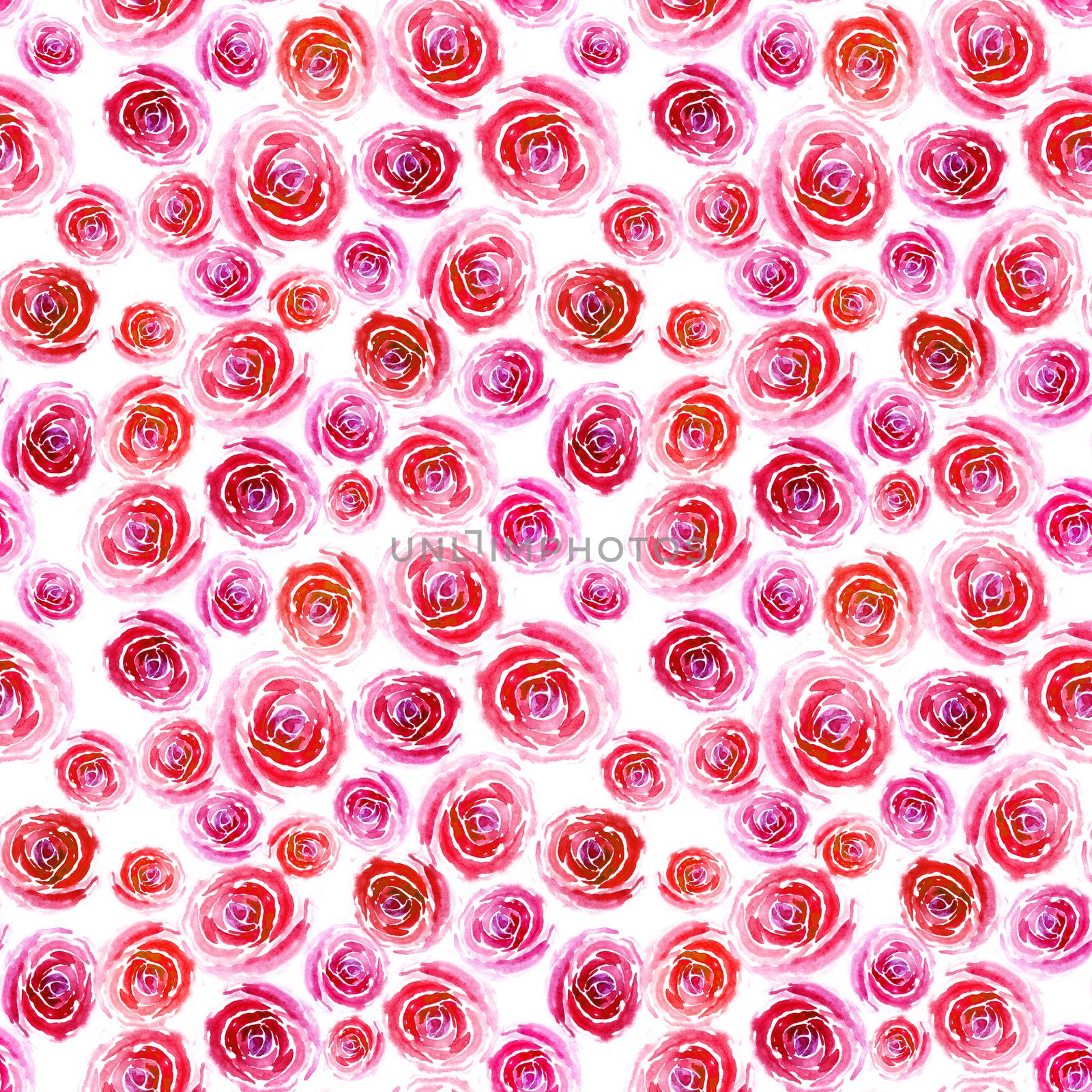 Pink-red roses of different sizes on a white background. Beautiful flowers. Watercolor illustration seamless pattern for textile design, cover, wallpaper, wrapping paper.