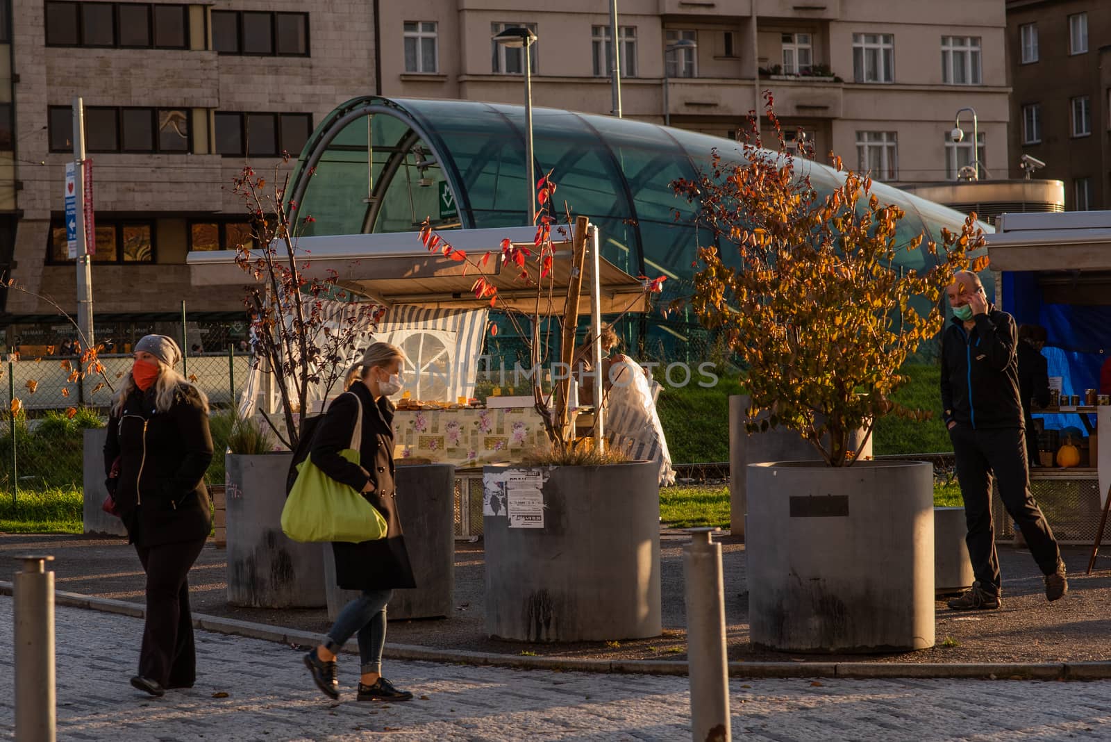 20/10/2020. Prague, Czech Republic. People doing shopping and walking by close to Hradcanska tram and metro stop in Prague 6 during quarantine period due to outbreak of COVID-19 as winter is starting, Czech Republic by gonzalobell