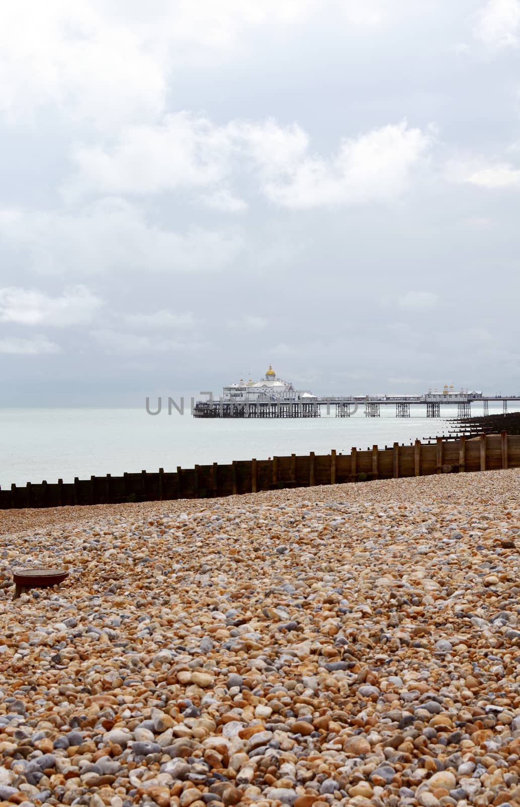 Eastbourne pleasure pier, opened in 1870, above a calm sea on the East Sussex coast, with copy space on sky and beach
