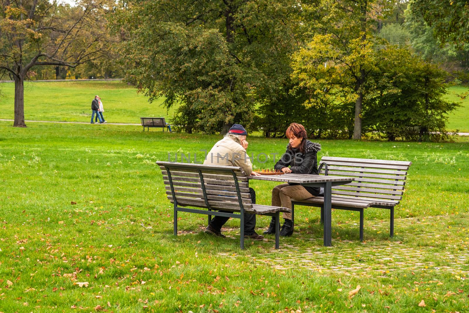 Man and woman are talking and playing chess on Letna Park in Autumn 2020 on Prague 6 during quarantine period due to outbreak of COVID-19 as winter is starting, Czech Republic