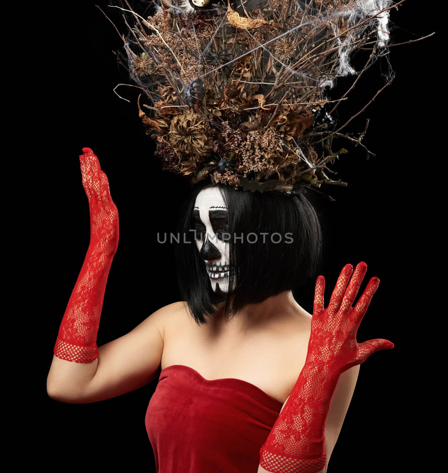woman of Caucasian appearance with skeleton make-up stands in a red velor dress with a large crown of dry branches, black background