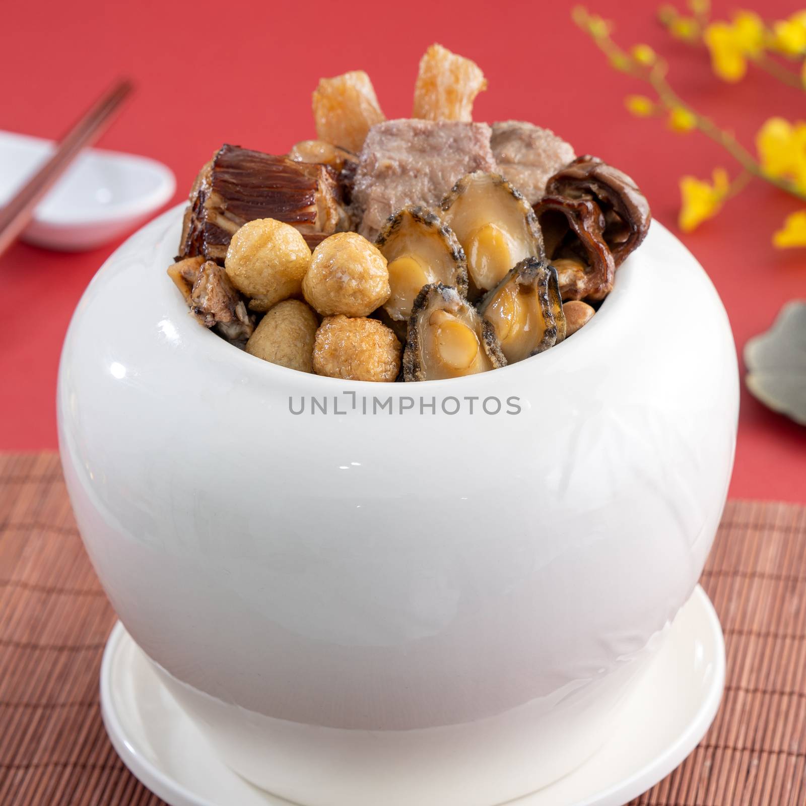 Traditional food of Chinese lunar new year, Buddha jumps over the wall, Chinese Soup Casserole dish, Buddha's Temptation, named Fo Tiao Qiang, close up.