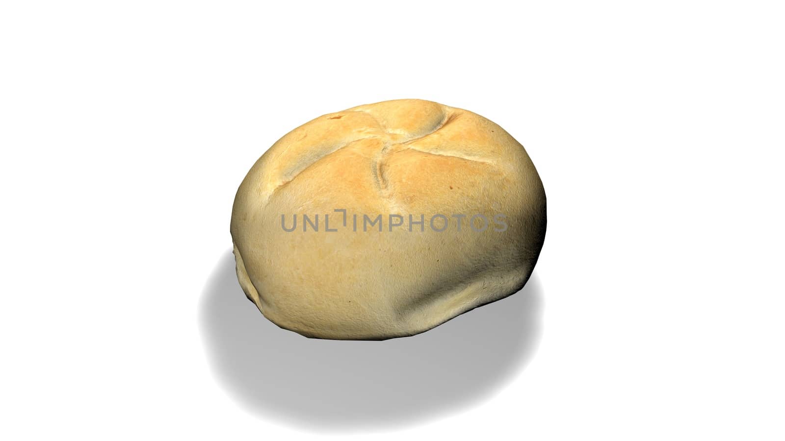 Homemade bread isolated on a white background. Closeup view of bread roll with shadow under light.