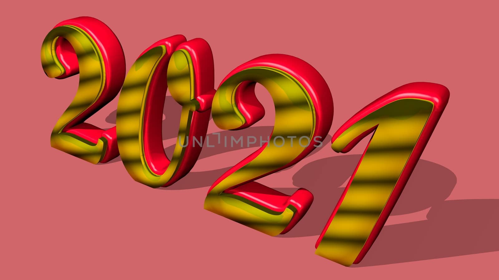 3D pure golden, solid shining text "2021" with pink background. 3D rendered