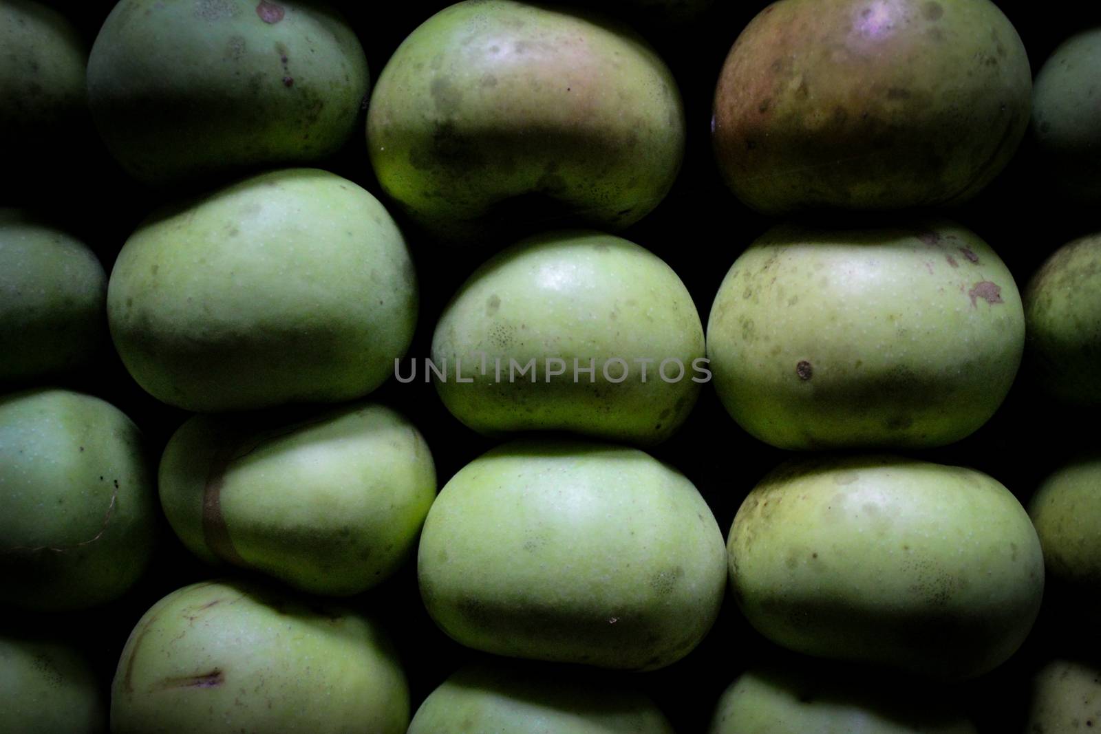 Homemade apples of different sizes perfectly stacked in a crate. Apples in a crate in a storeroom in a dark room to keep them lasting longer. Variety Kanicka. by mahirrov