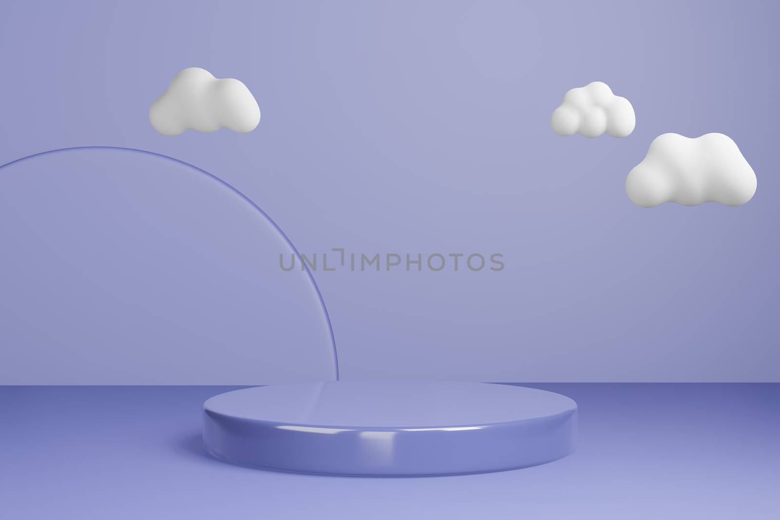 3d rendered studio mock up background for product presentation, with circle shapes, podium on the floor with cloud. minimal purple colors.