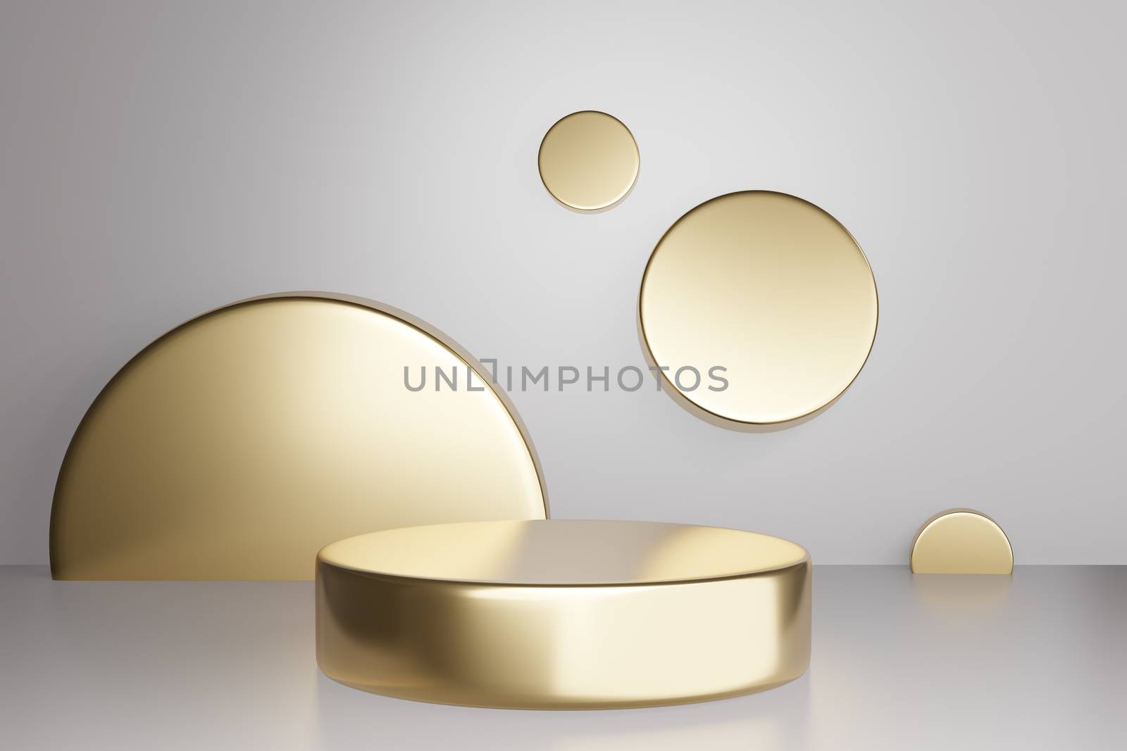 3d rendered studio mock up background for product presentation, with circle shapes, podium on the floor. minimal gold colors.