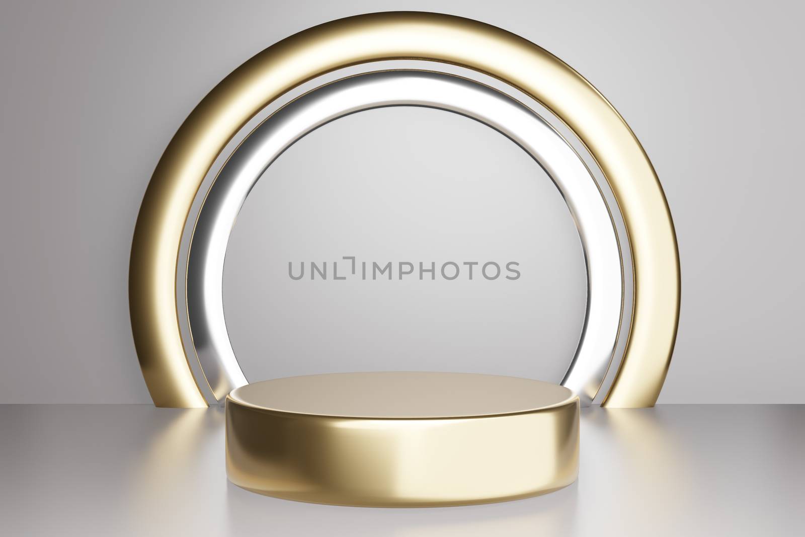 3d rendered studio mock up background for product presentation, with circle shapes, podium on the floor. minimal gold colors.