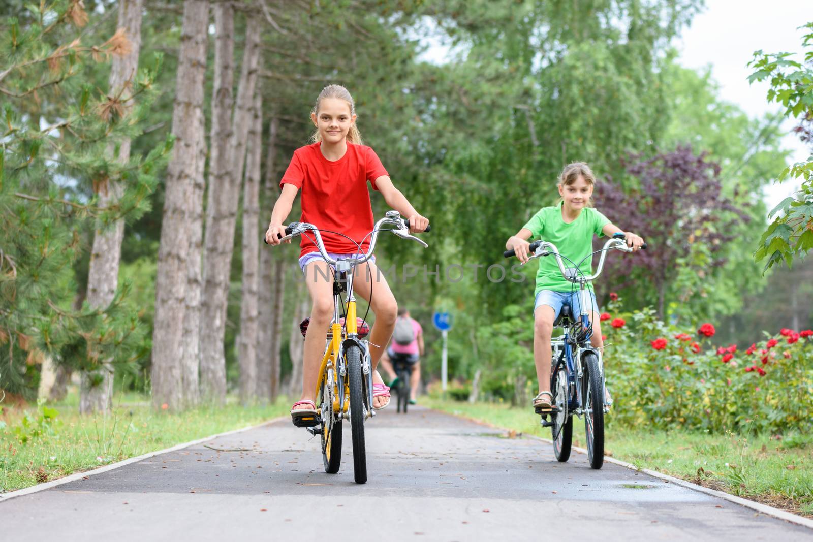 Two girls ride a bike on a bike path