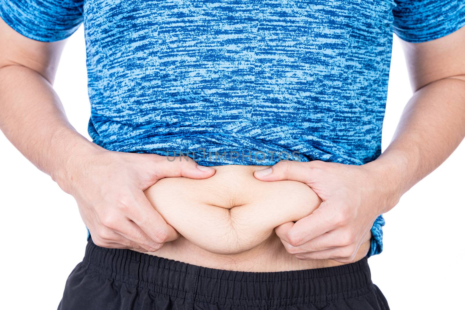 Fat man holding excessive fat belly, overweight fatty belly isolated on over white background. Diet lifestyle, weight loss, stomach muscle, healthy concept.