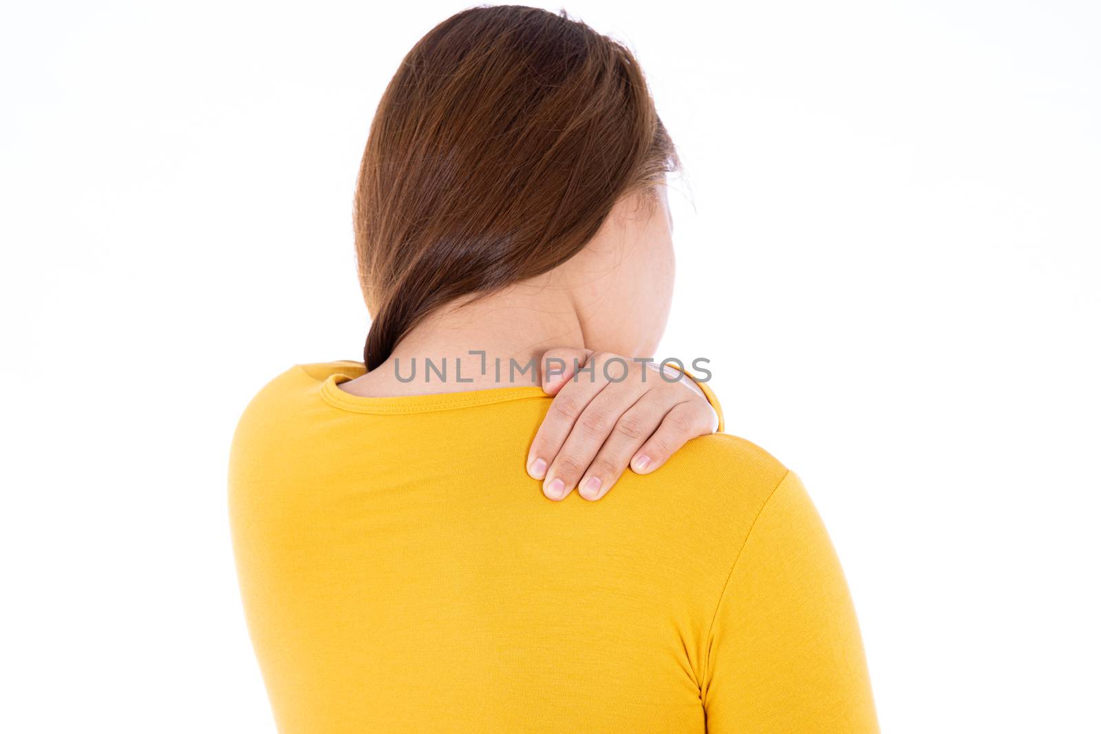 Woman suffering from neck and shoulder pain isolated white background. Health care and medical concept.