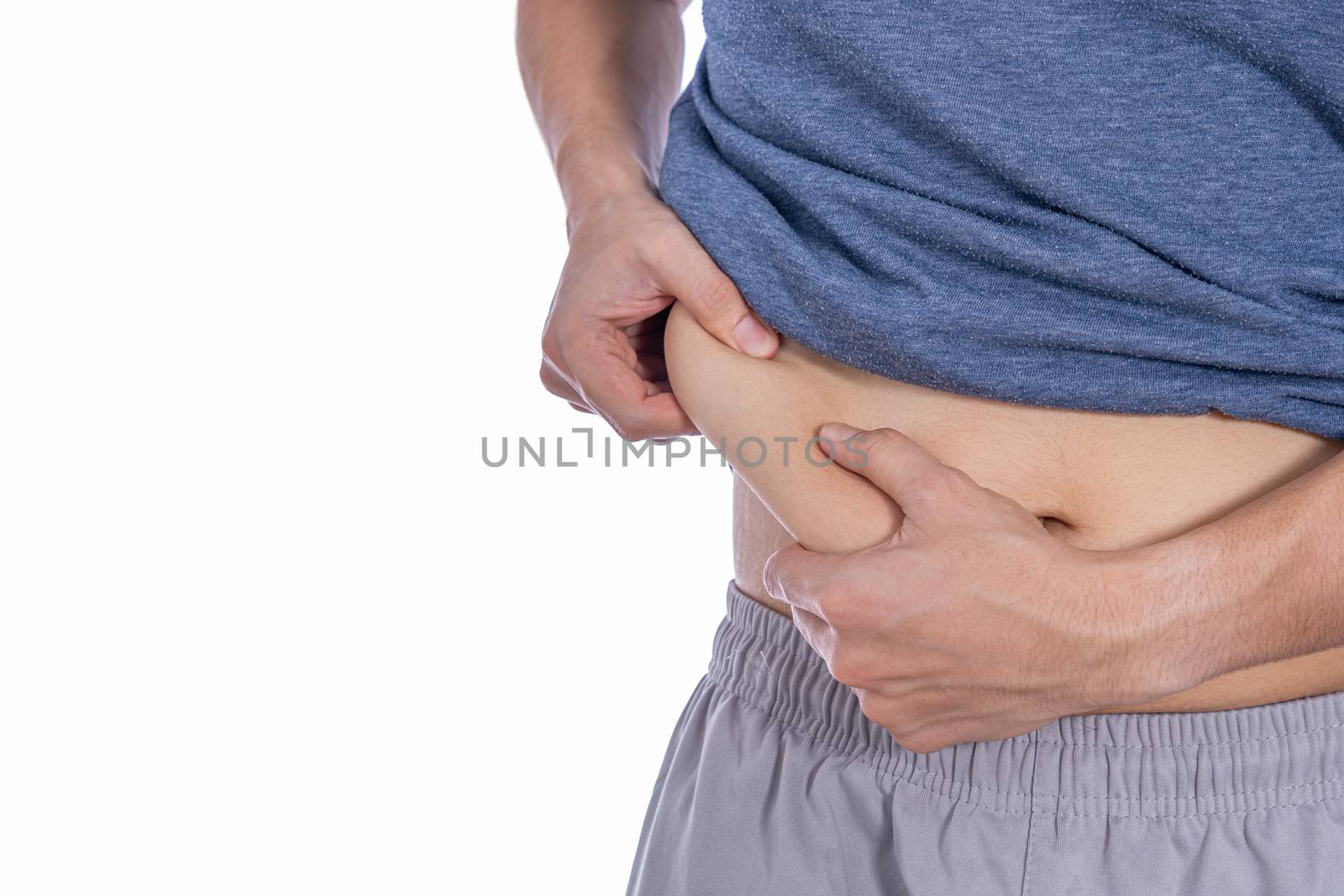 Fat man holding excessive fat belly, overweight fatty belly isolated white background. Diet lifestyle, weight loss, stomach muscle, healthy concept.