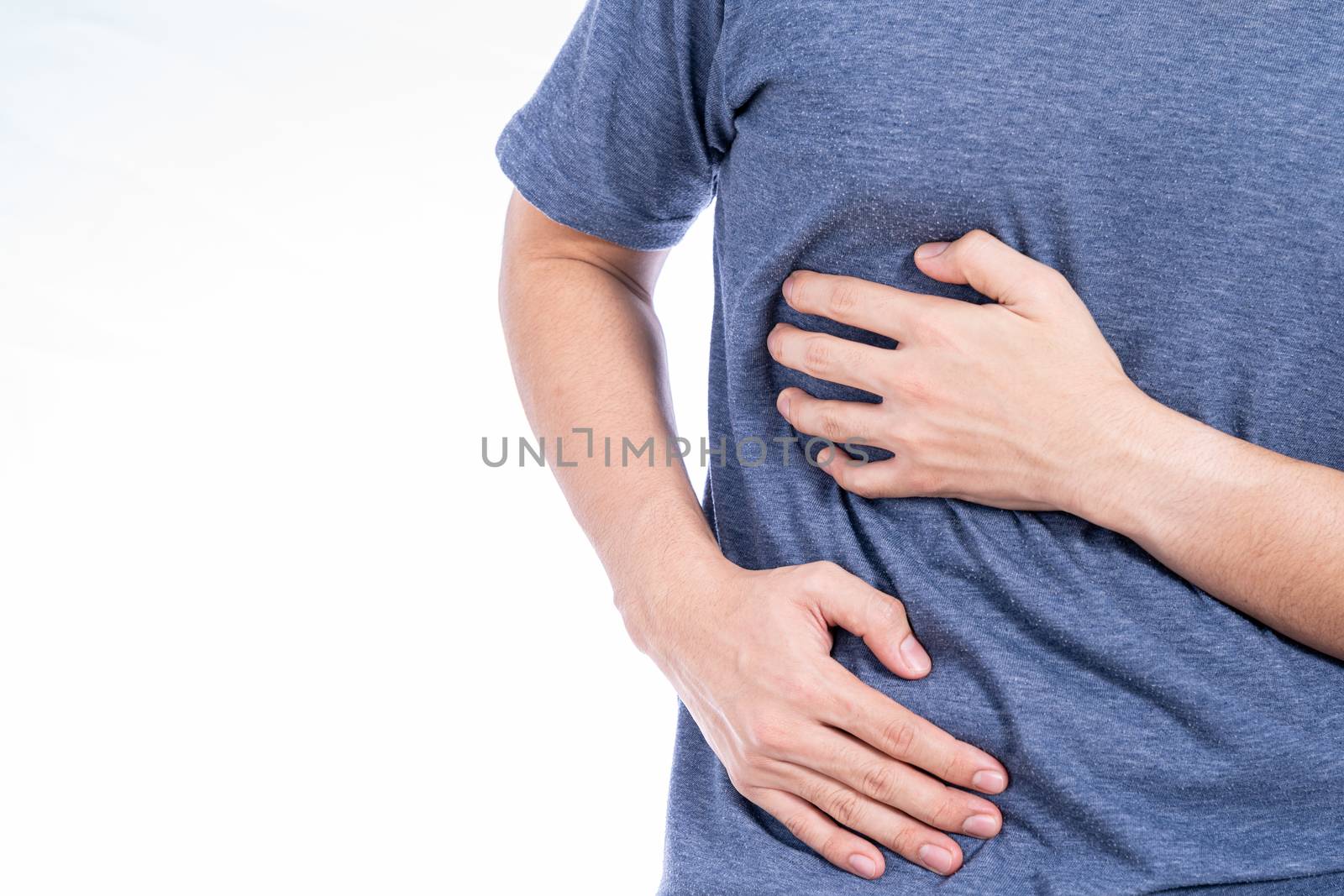 Man hand touching stomach, waist, or liver position isolated white background. Health care and medical concept.