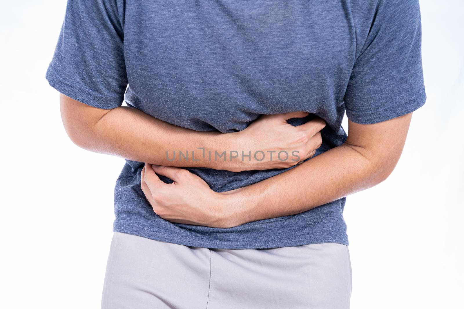 Man suffering from stomach pain and injury isolated white background. Health care and medical concept.