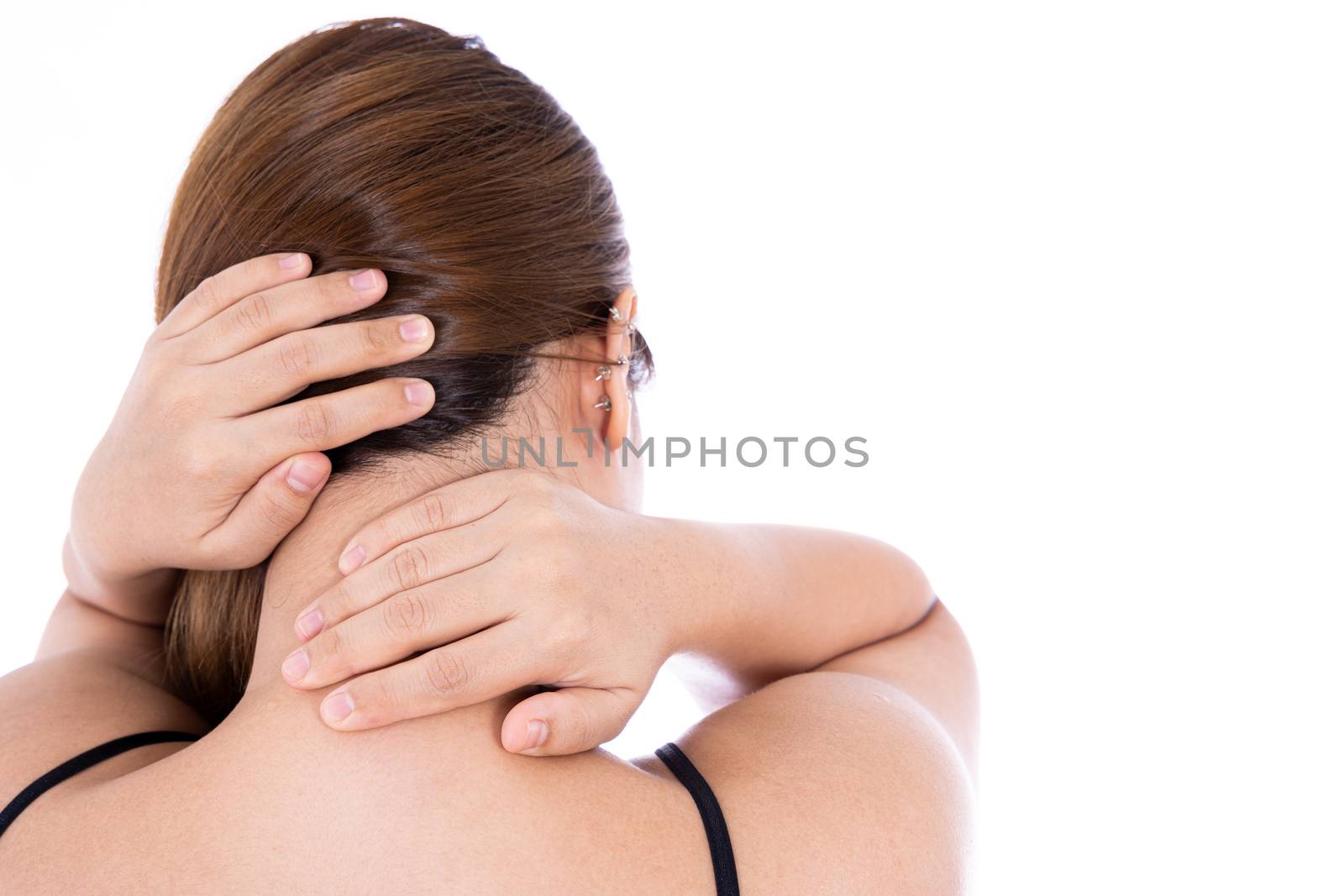 Woman suffering from neck and shoulder pain isolated white background. Health care and medical concept.