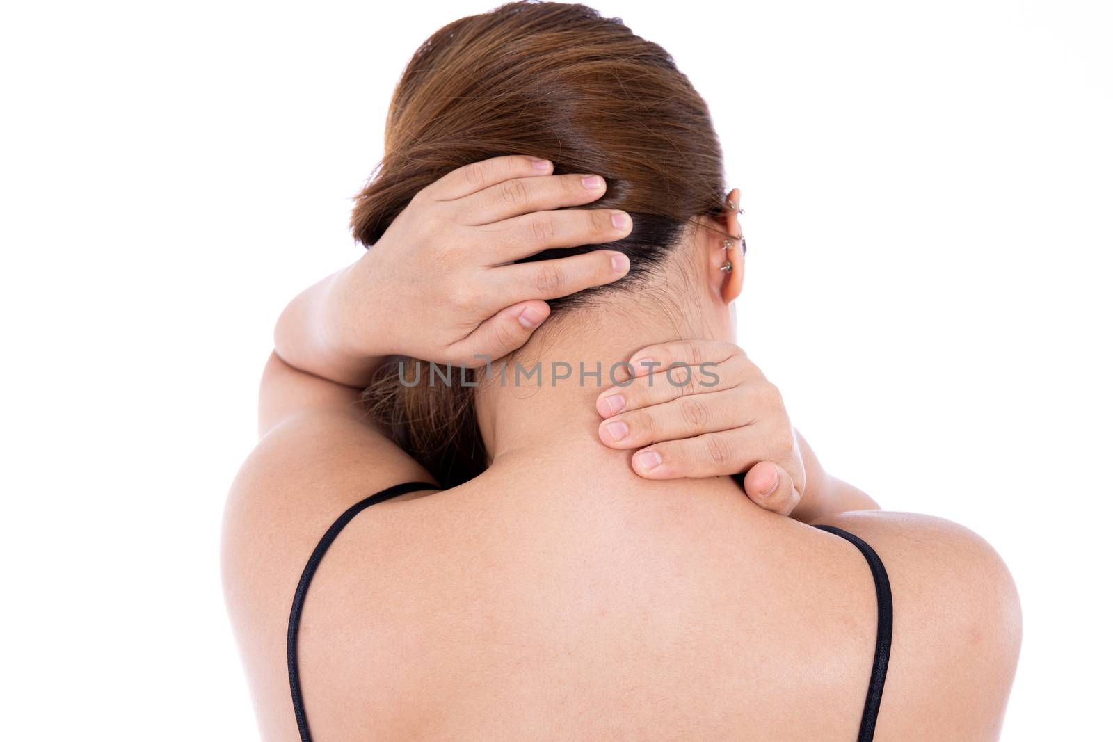 Woman suffering from neck and shoulder pain isolated white background. Health care and medical concept.