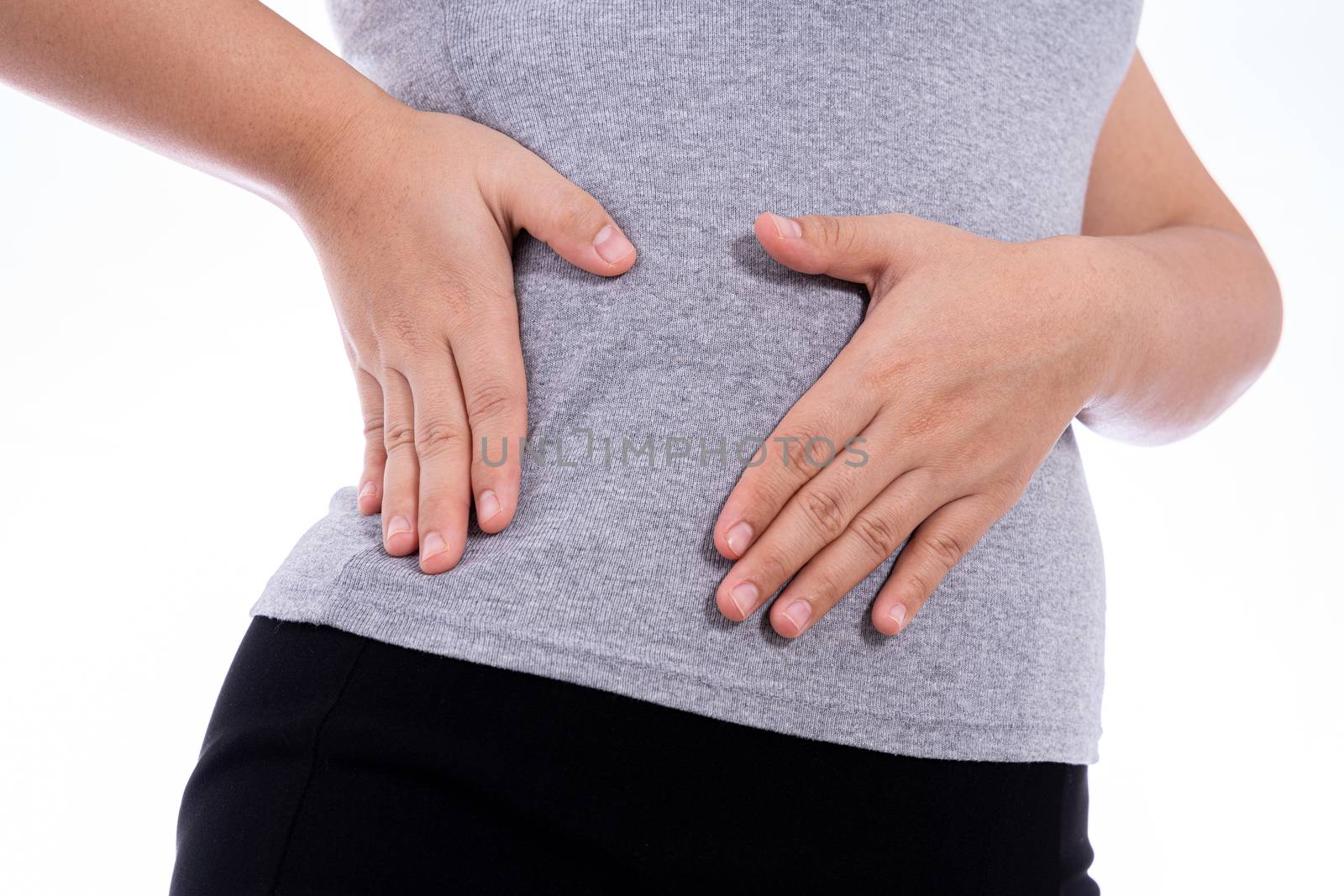 Woman hand touching stomach, waist, or liver position isolated white background. Health care and medical concept.