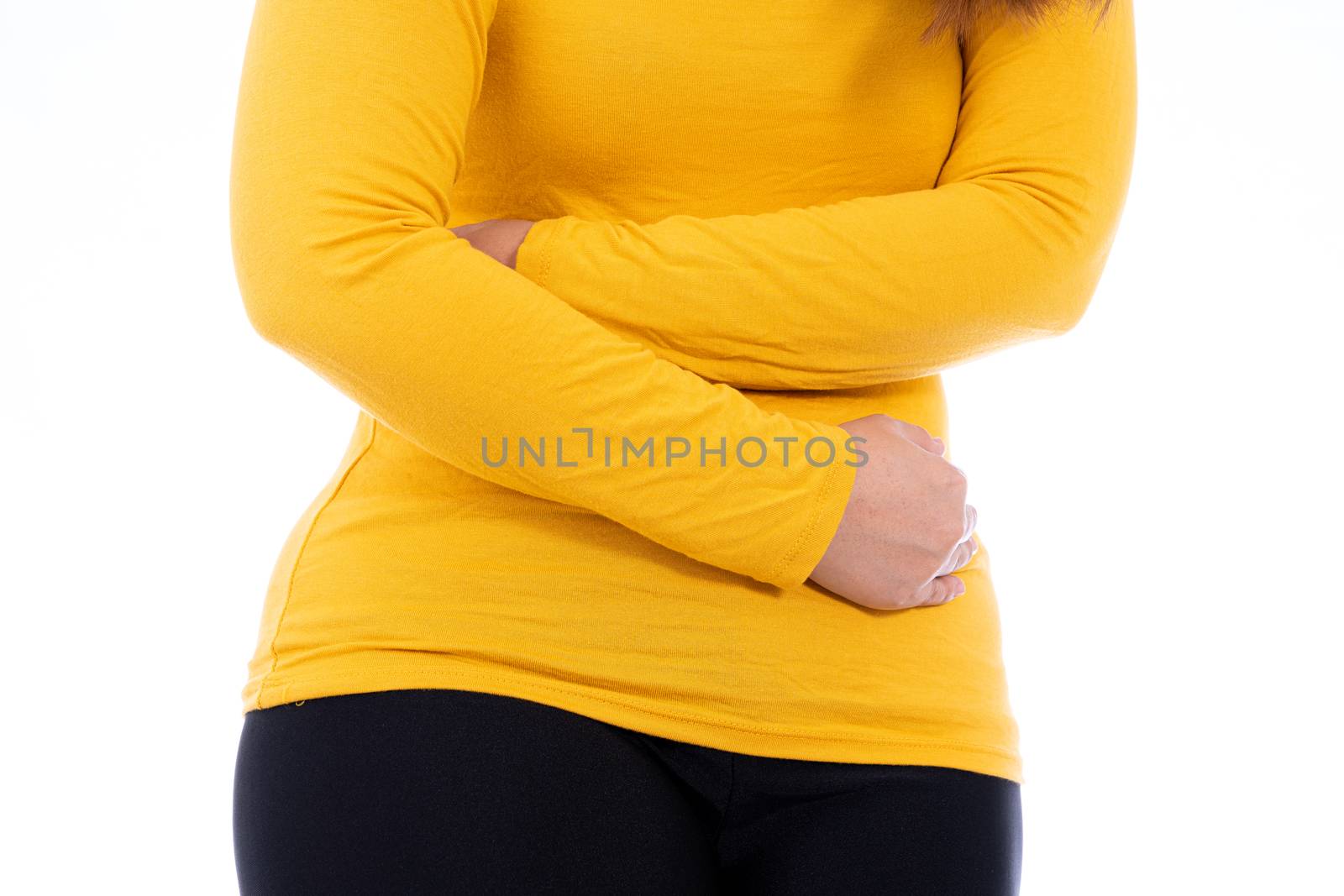 Woman suffering from stomach pain and injury isolated white background. Health care and medical concept.