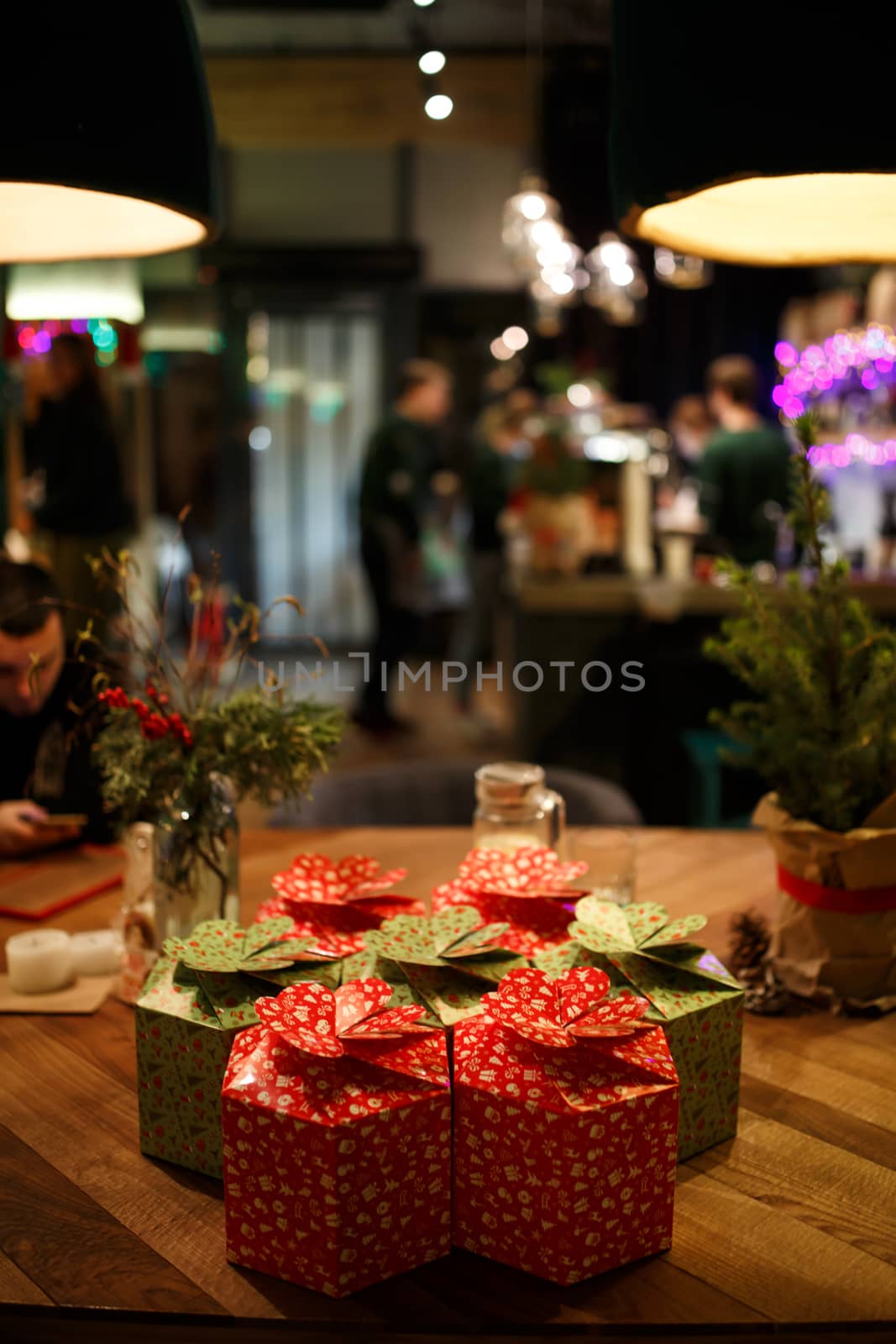 boxes with New Year's gifts at the Christmas party.