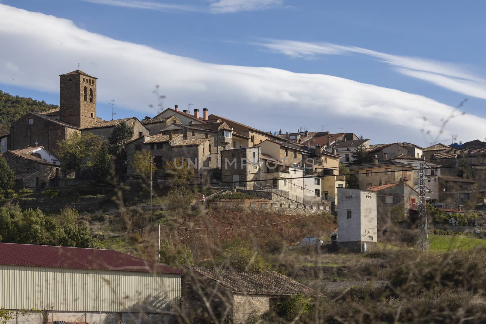 Javierregay, Spain - October 15, 2020: General view of the town of Javierregay with its small church of San Sebastián, Huesca, Pre-Pyrenees, Aragon.