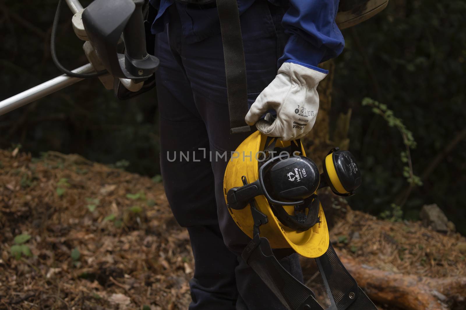 Moncayo, Spain - October 14, 2020: Workers of the forest fire prevention service, Dept. of Rural Development and Sustainability of the government of Aragon and SARGA, in clearing work