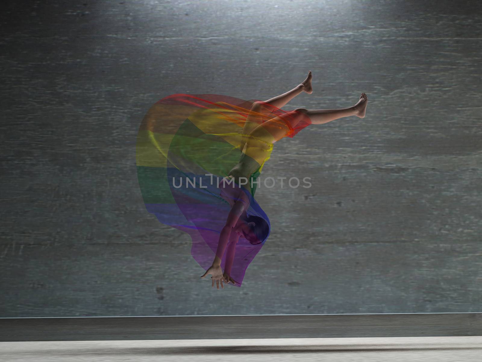 Action girl with rainbow transparent cloth. 3D rendering