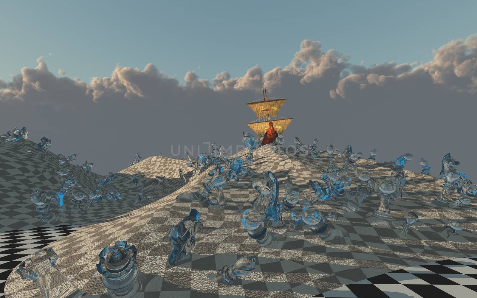 Sailing ship creast on chessboard desert dune. 3D rendering