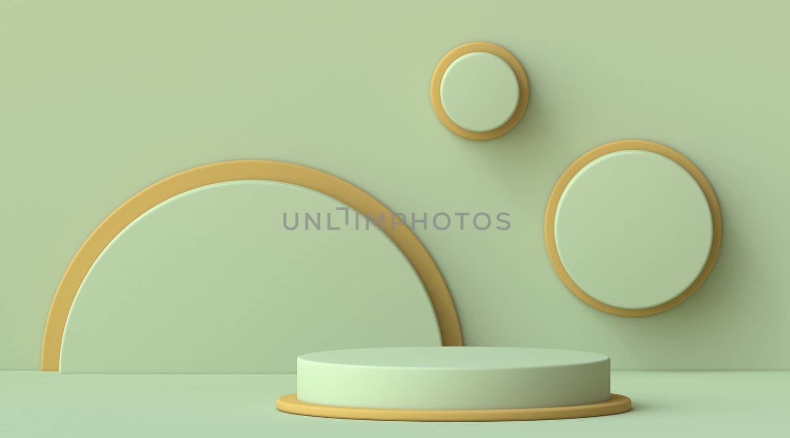 Abstract mock up cylinder podium with circle frames on the wall 3D render illustration on green background