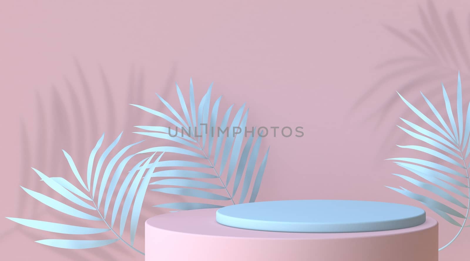 Abstract mock up podium with blue leaves and cylinder stage 3D render illustration on pink background