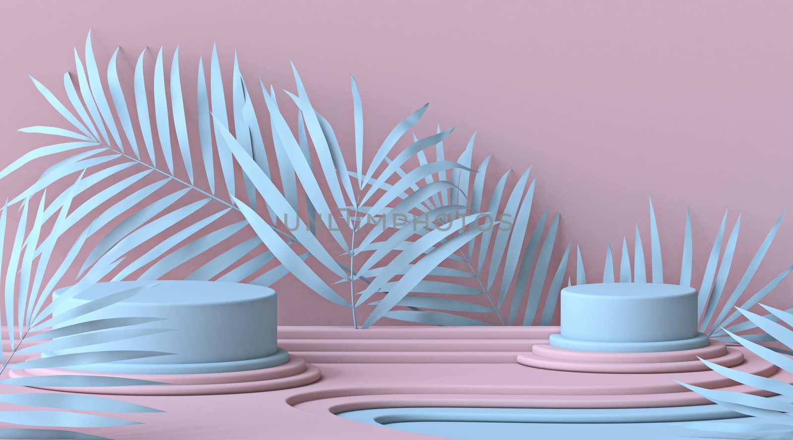 Abstract mock up podium with blue leaves and two cylinder stages 3D render illustration on pink background