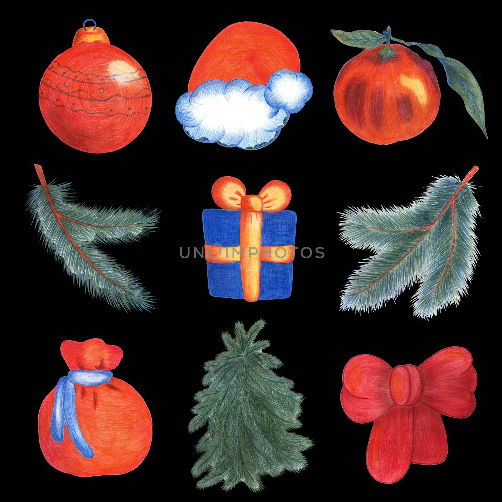 Christmas Collection Hand-drawn Pencil Illustration. Isolated Objects on Black Background. Winter holidays concept.