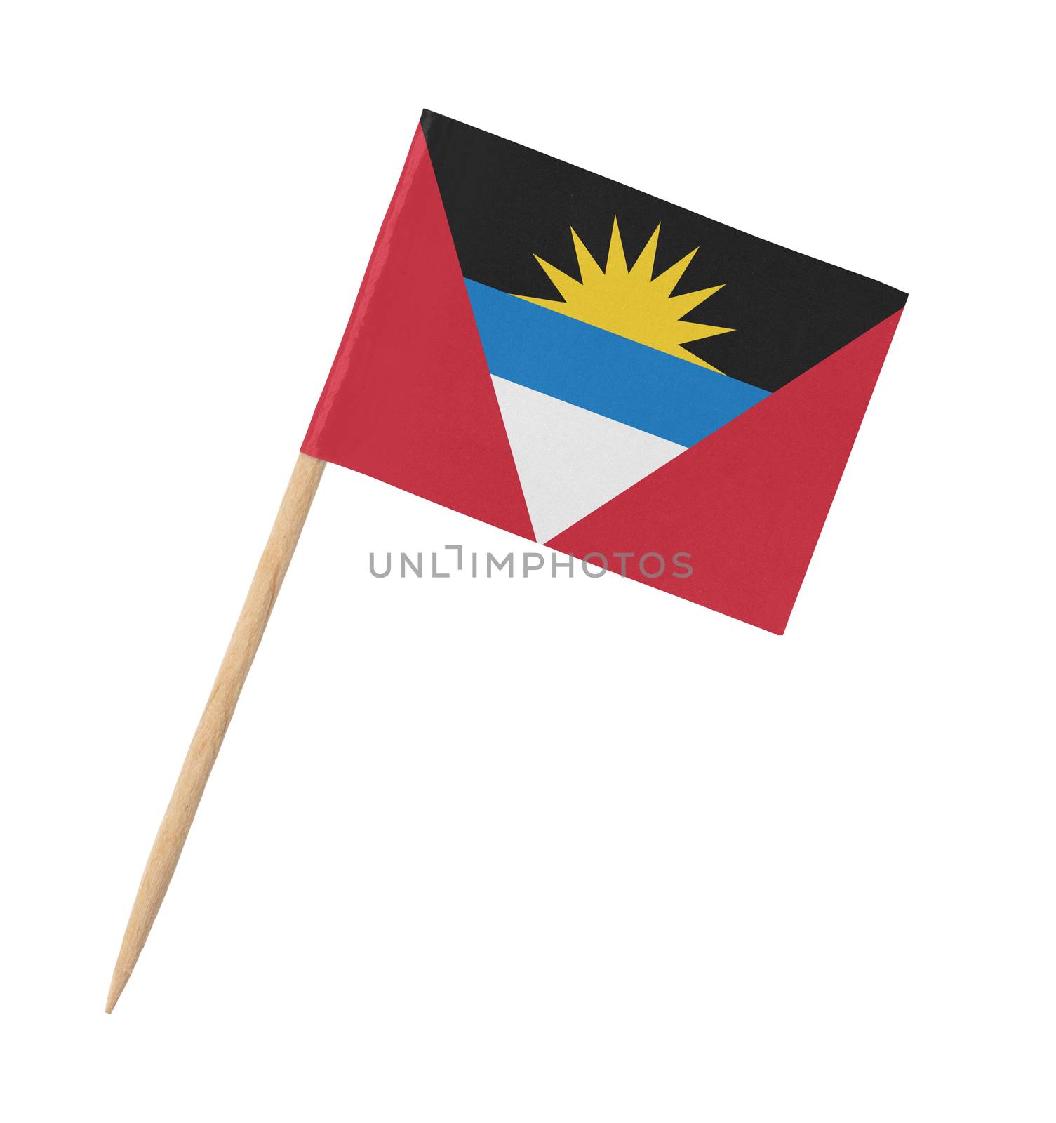 Small paper flag of Antigua and Barbuda on wooden stick, isolated on white
