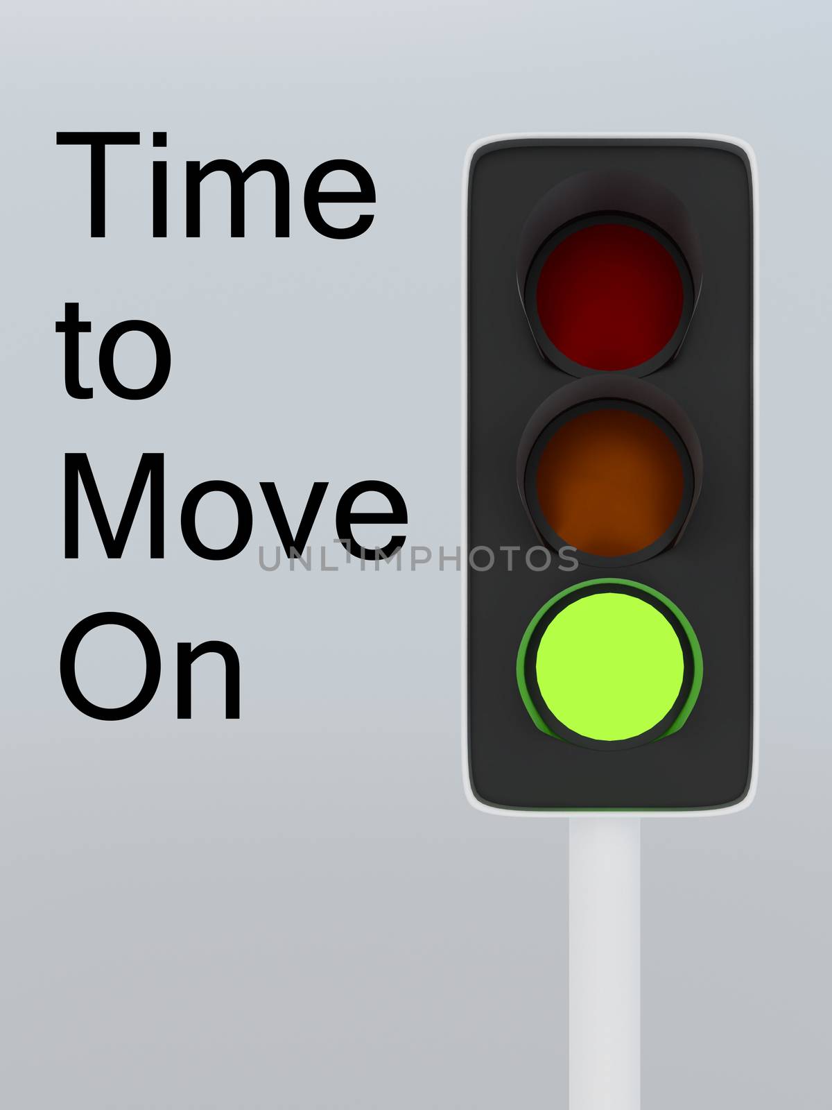 3D illustration of green traffic light along with encouraging text Time to Move On,
isolated over gray gradient.