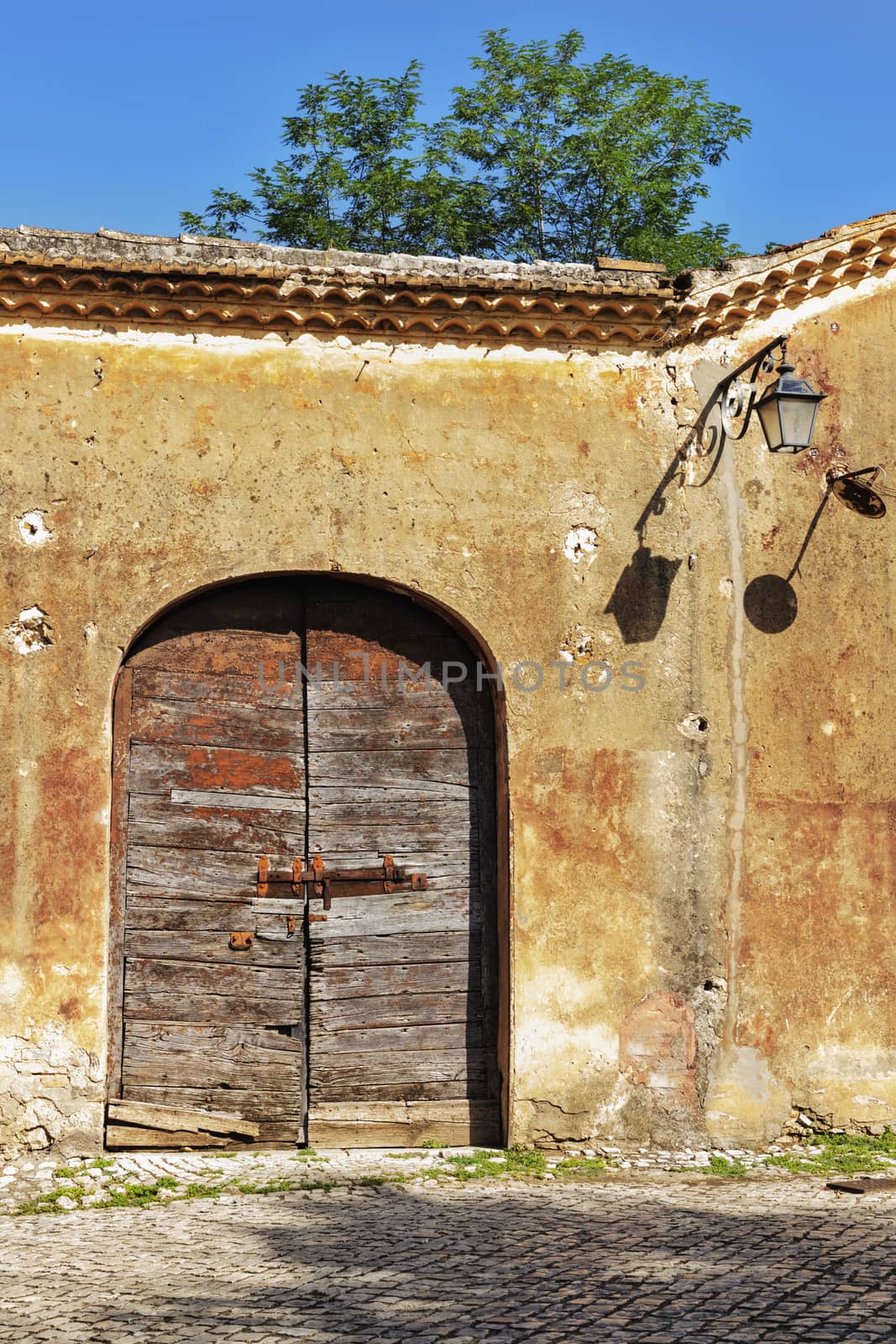 Old wooden main door in an Italian village , beautiful rusty latch , in the background part of a tree against blue sky ,sanpietrini pavement 