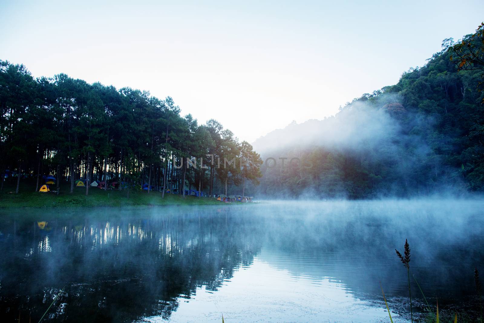 Pang oung reservoir with fog at morning in the winter.
