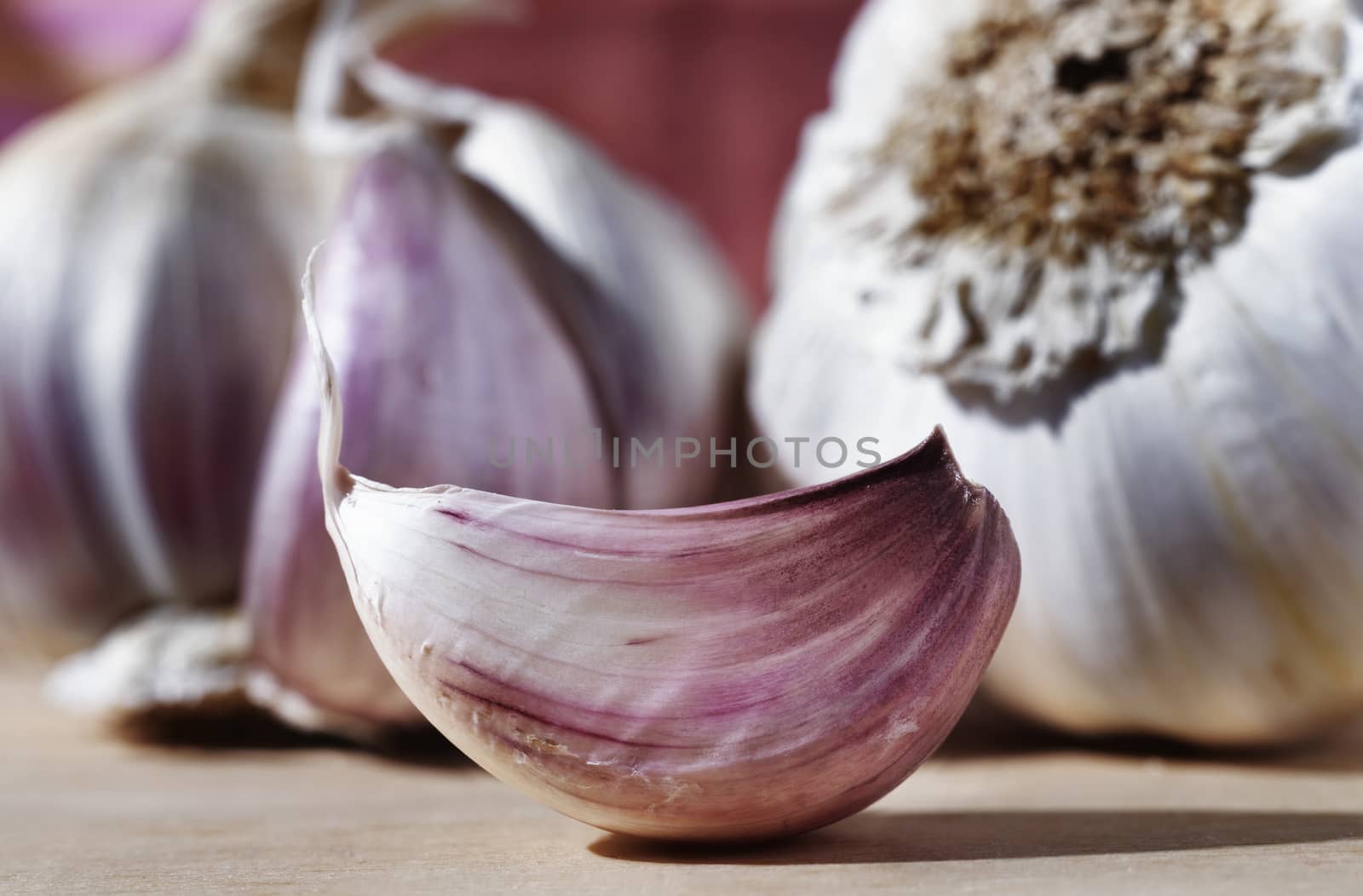 Beautiful  white -purple garlic clove on wooden table  in the background garlic bulbs