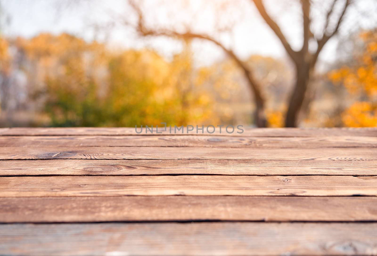 Empty wooden table nature bokeh background with a country outdoor theme,Template mock up for display of product by andreonegin