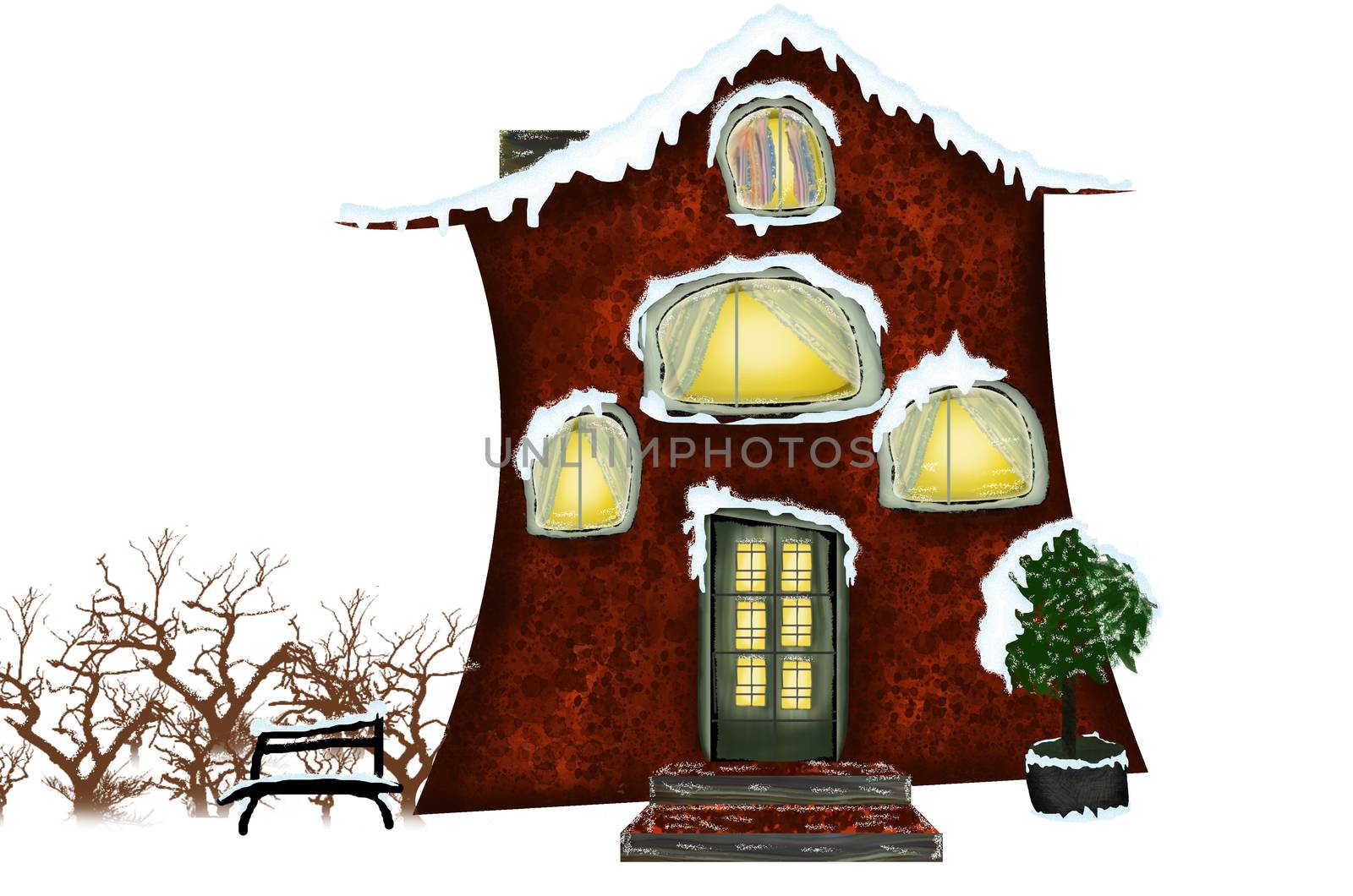 Winter house and tree isolated on white background. by KajaNi