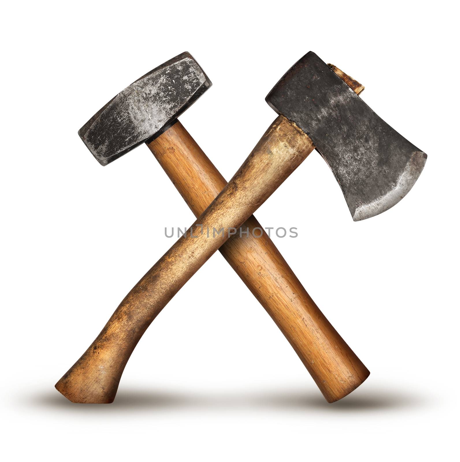 Realistic DIY old hammer and axe tools crossed for get the job done service concept, isolated on white background