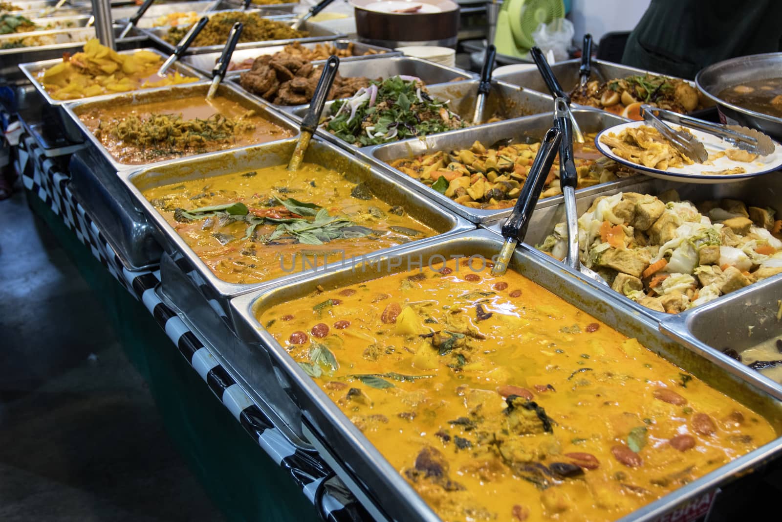 Thai street foods, Thai foods style Rice and Curry at market Bangkok of Thailand.