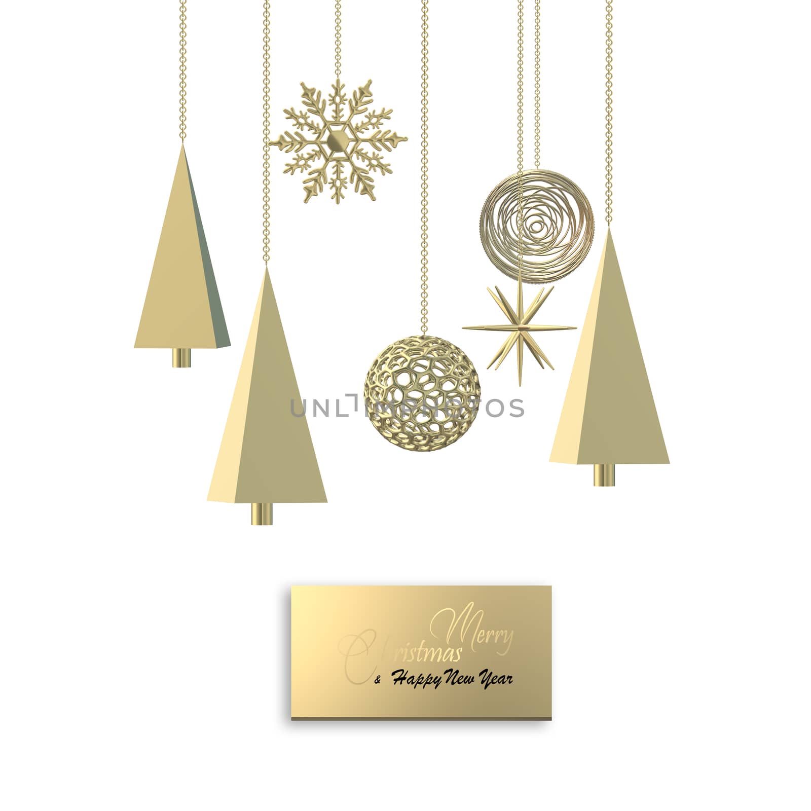 Christmas minimalist golden design. 3D Xmas tree, golden balls, golden snowflakes, abstract gold decorations on white background. Text on gold gift tag Merry Christmas Happy New Year. 3D illustration