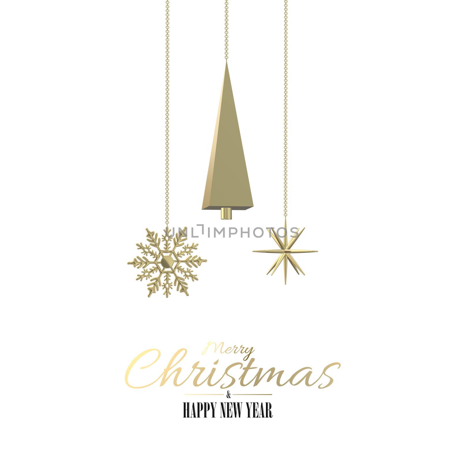 Minimalist 3D Christmas symbols on white. 3D Xmas fir, golden snowflakes on white background. Gold text Merry Christmas Happy New Year. 3d render. Xmas minimalist card