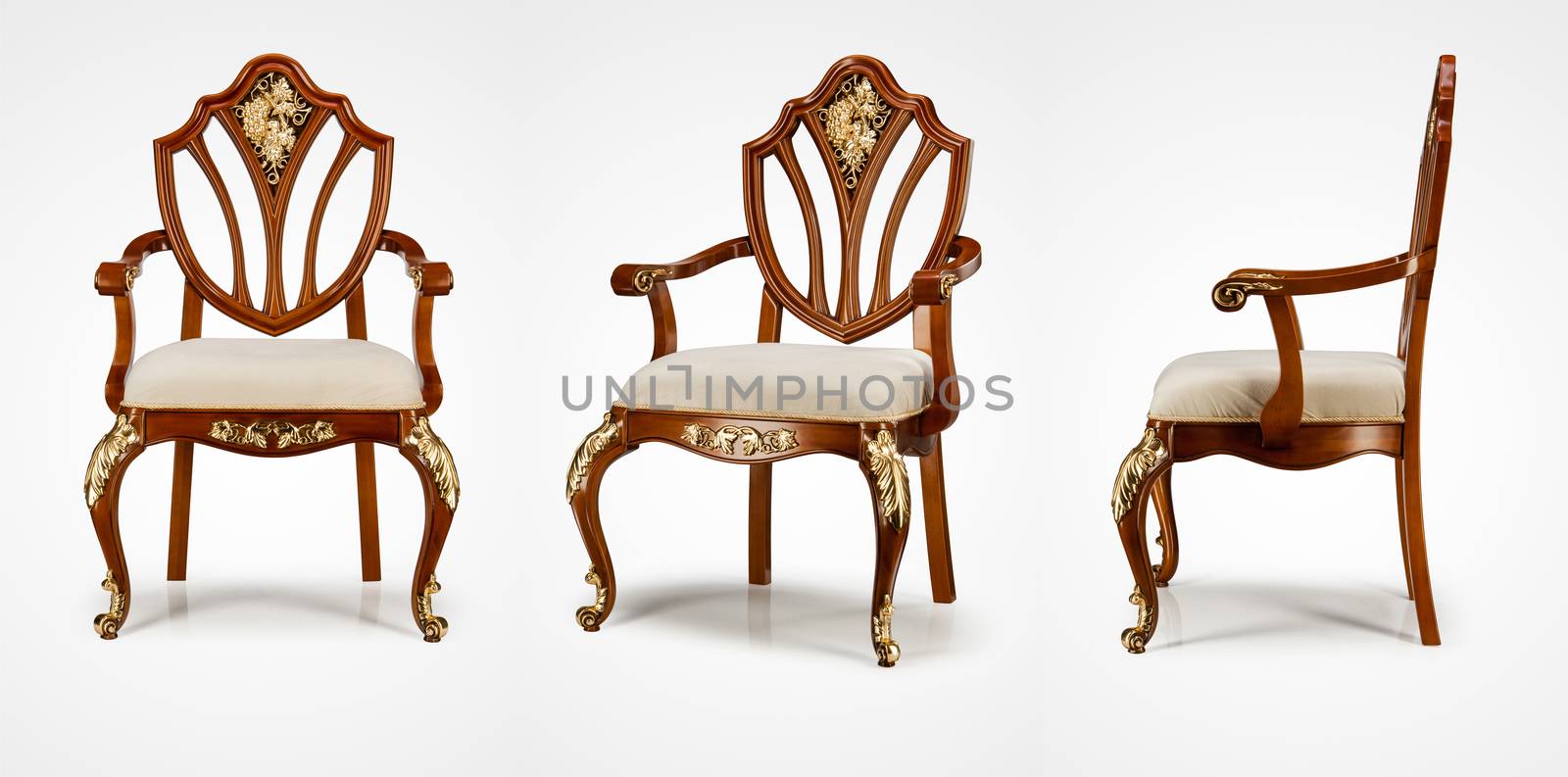 Luxury gold plated kitchen chair in the Baroque style. Three positions