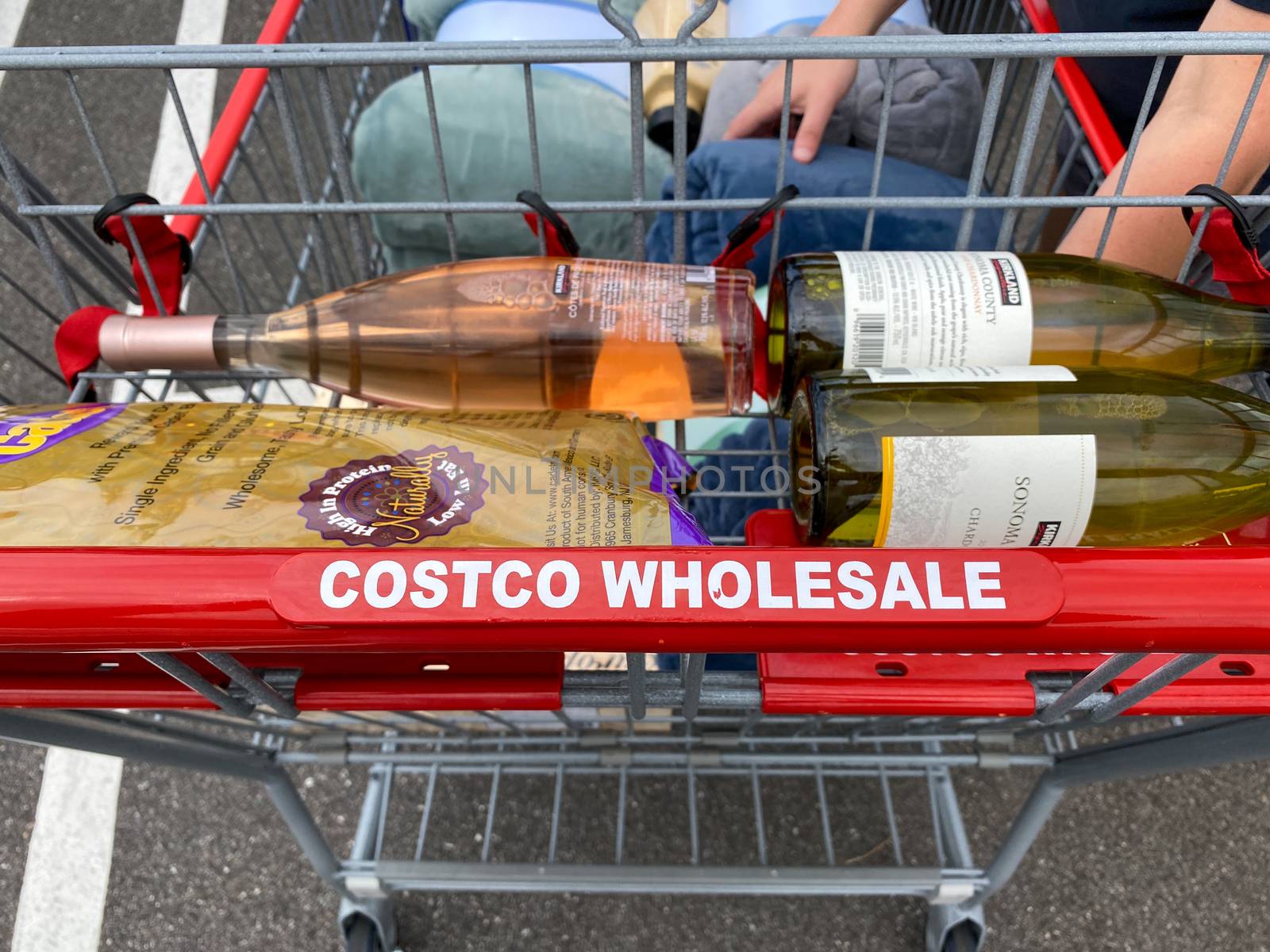 Orlando, FL/USA-11/1/20:  A shopping cart filled with purchases at a Costco Wholesale retail store in Orlando, Florida.