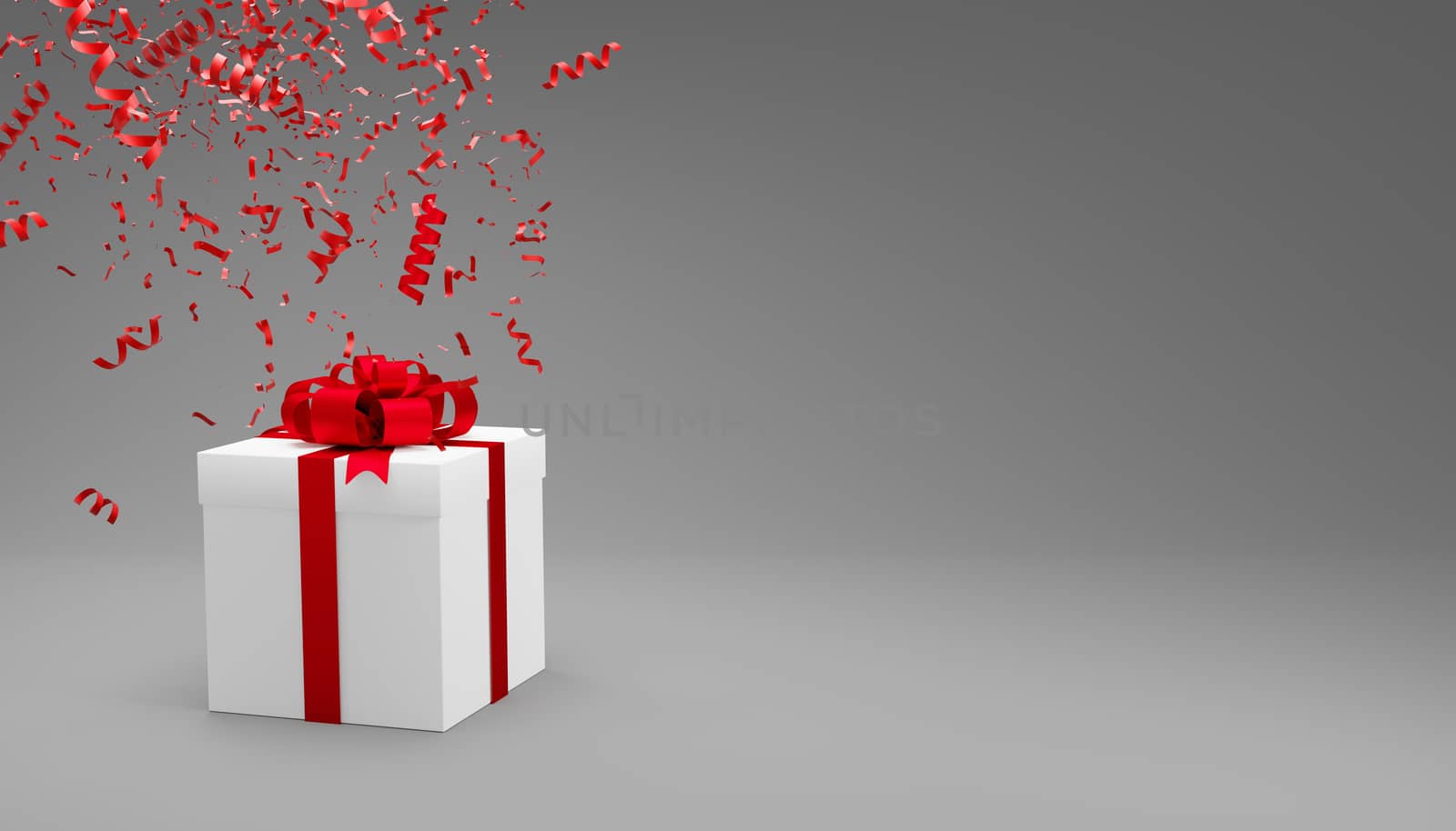 Gift box and confetti falling on gray background with copy space 3d render